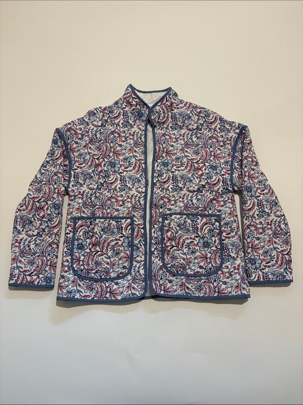 7 For All Mankind Quilted Floral Utility Jacket in Blue & Pink Trim